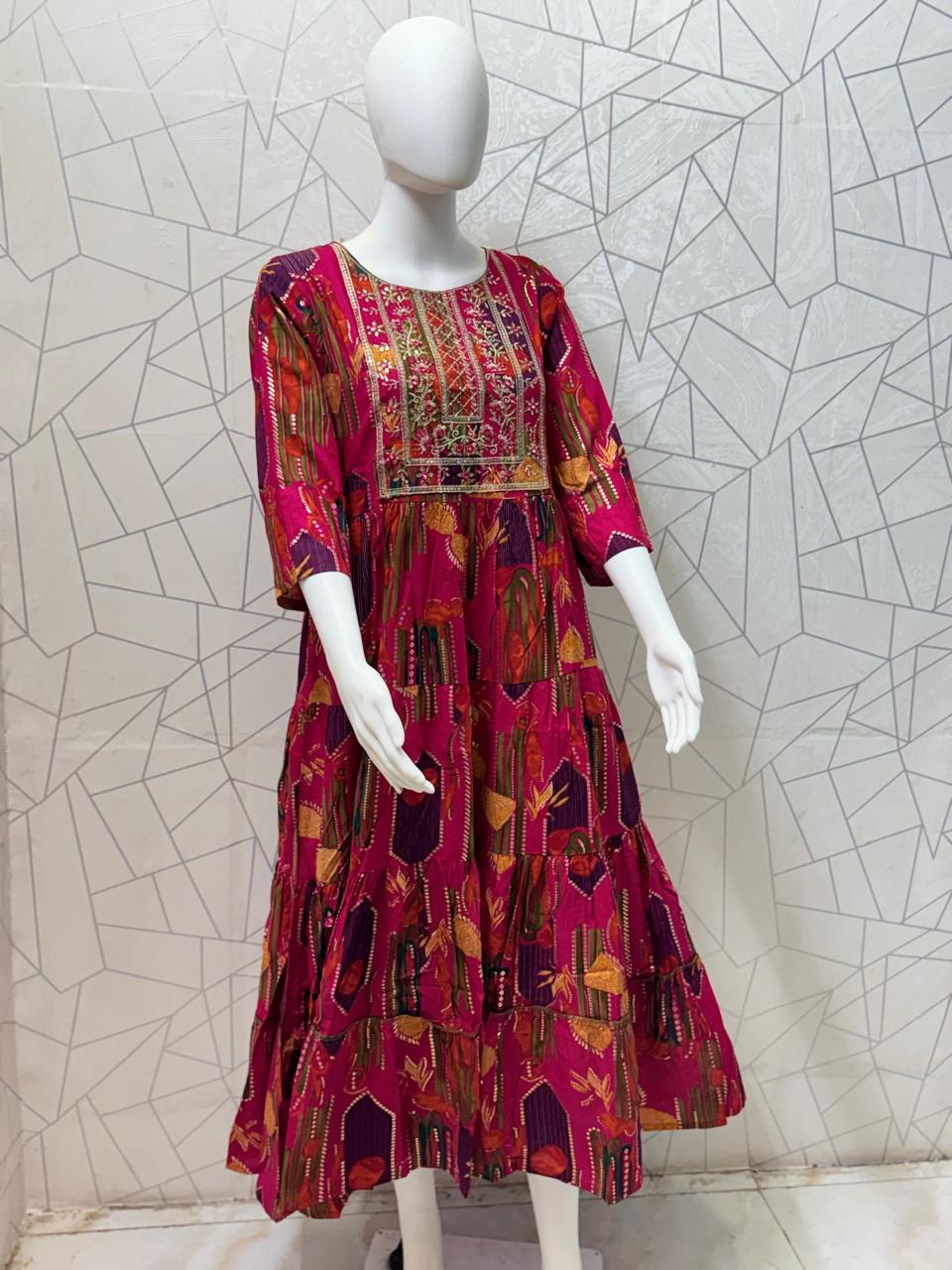 Magenta Multicolour Printed Tiered Gown