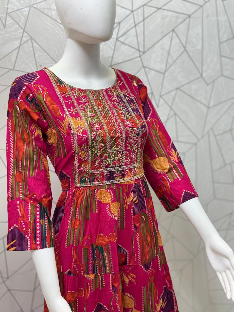 Magenta Multicolour Printed Tiered Gown