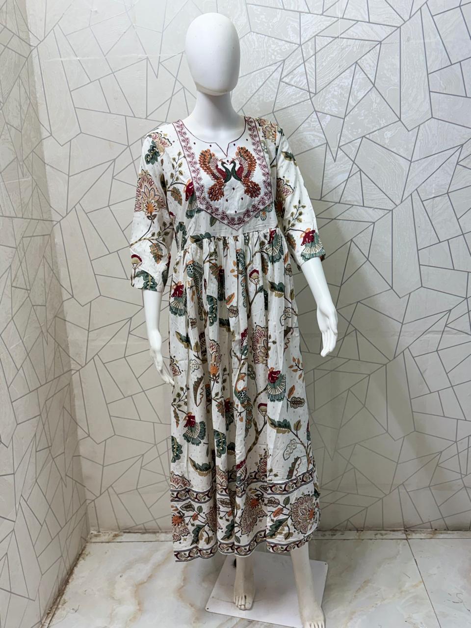 Ivory Botanical Print Tiered Maxi Gown
