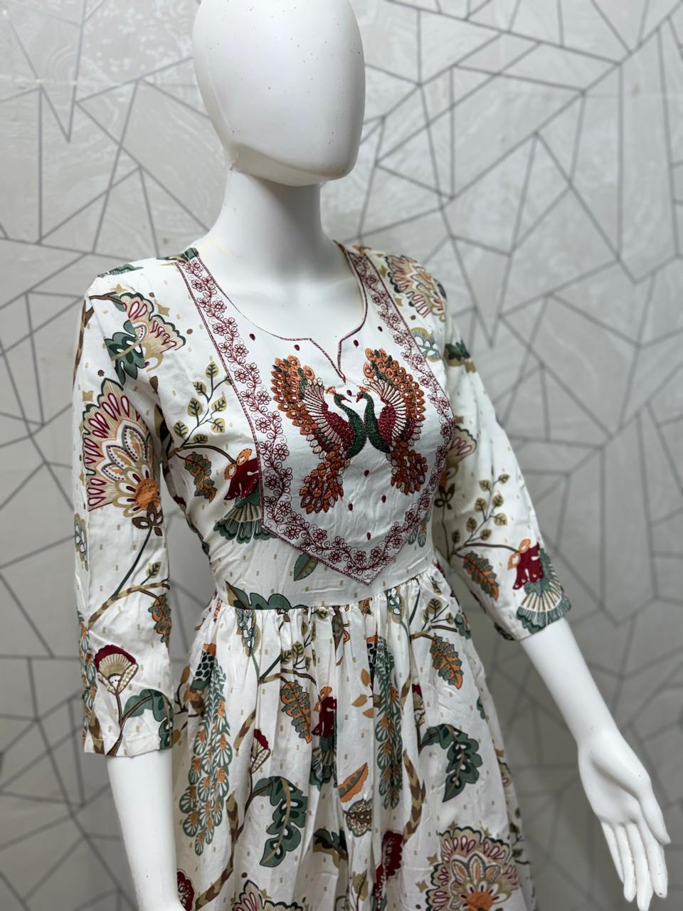 Ivory Botanical Print Tiered Maxi Gown