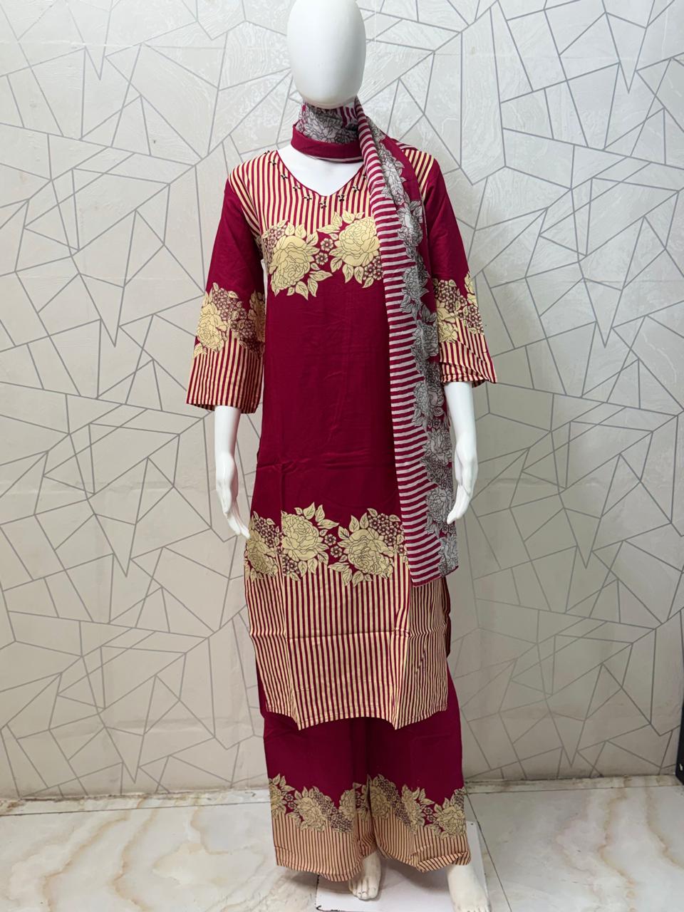 Burgundy Floral Stripe Printed Kurta Set with Dupatta
