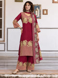Burgundy Floral Stripe Printed Kurta Set with Dupatta