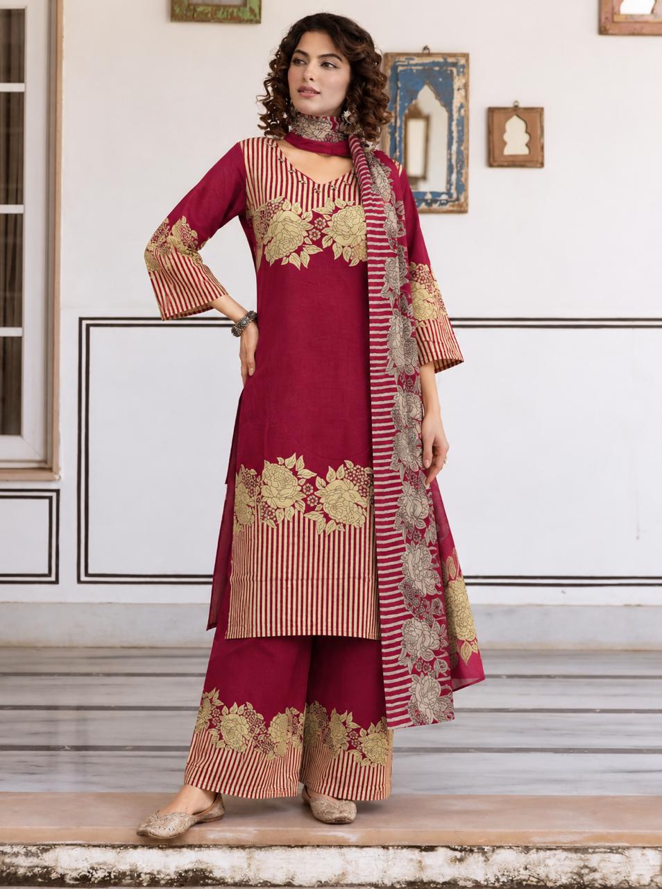 Burgundy Floral Stripe Printed Kurta Set with Dupatta