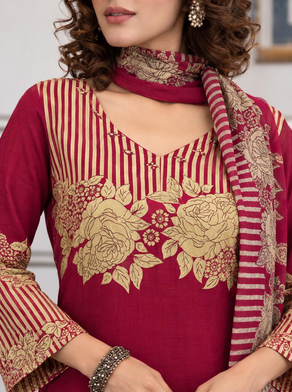 Burgundy Floral Stripe Printed Kurta Set with Dupatta