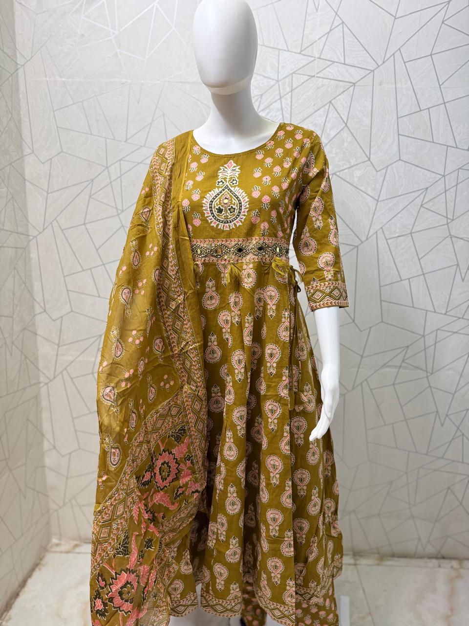 Aabha Mustard Motif Anarkali Set