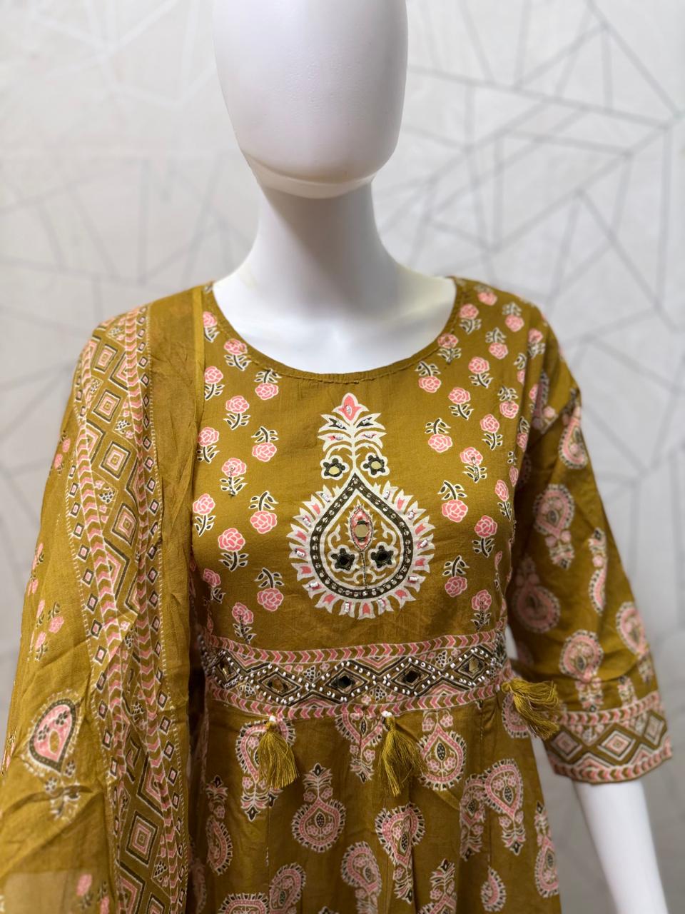 Aabha Mustard Motif Anarkali Set