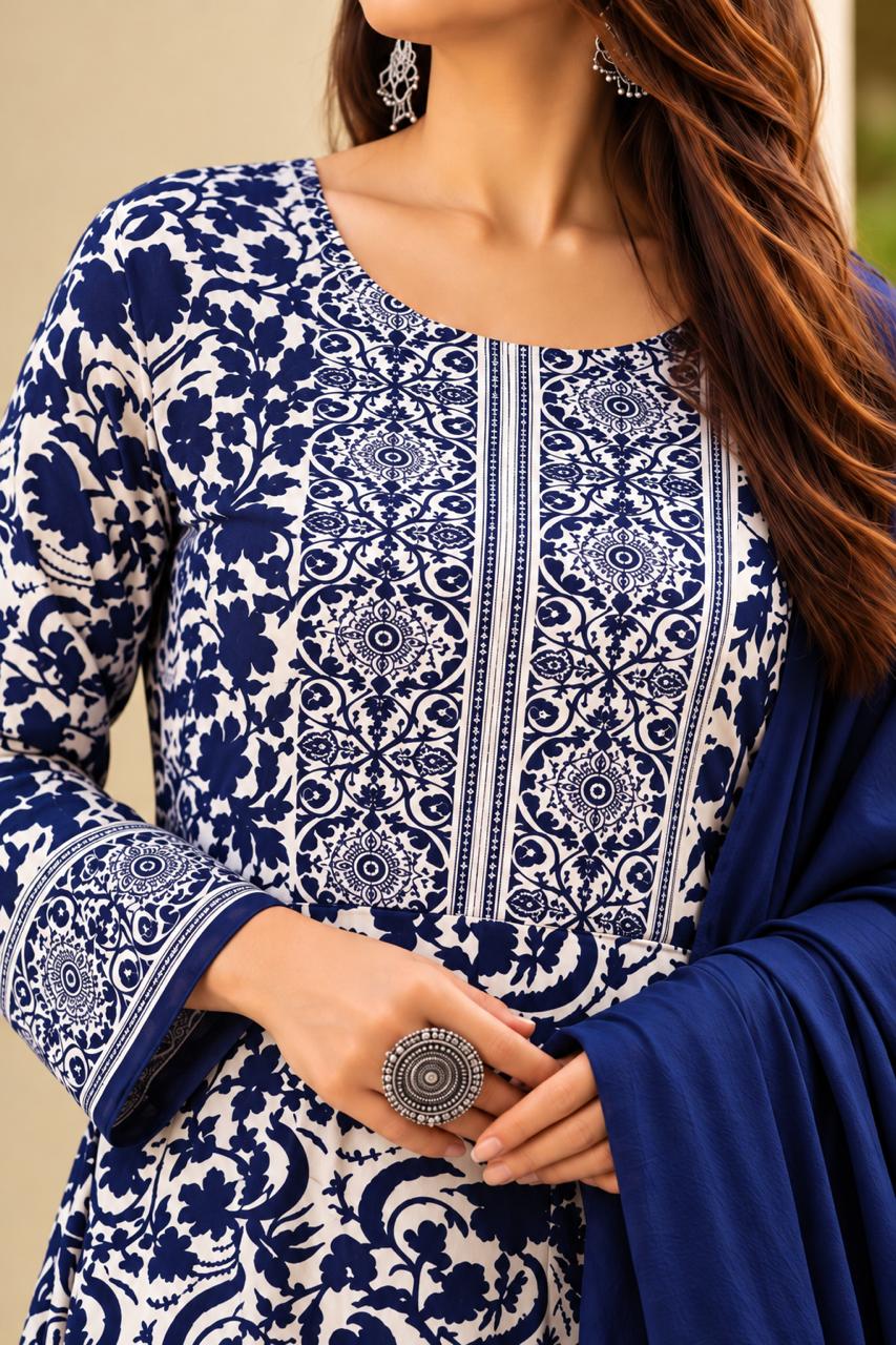 Indigo Ivory Print Anarkali Set